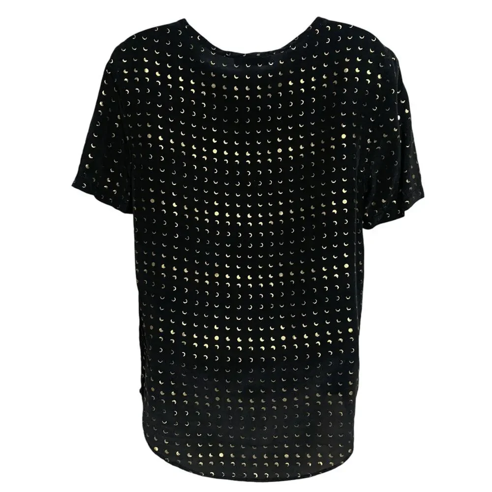 Equipment Gold Moon Phases Black Silk T-Shirt Womens Size XS